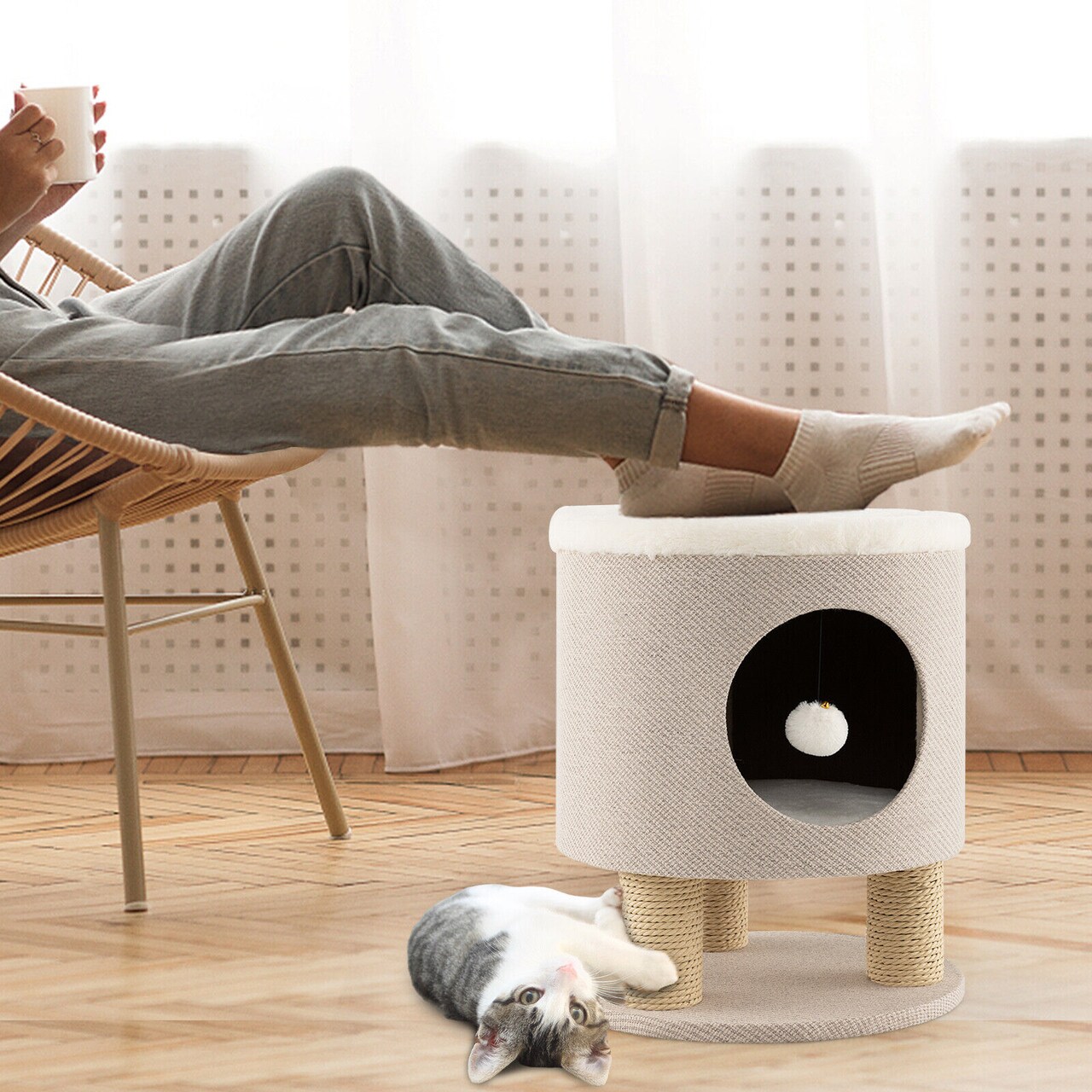 3-in-1 Cat Condo Stool with Scratching Posts and Seat Cushion Hidden Pet Bed Ottoman